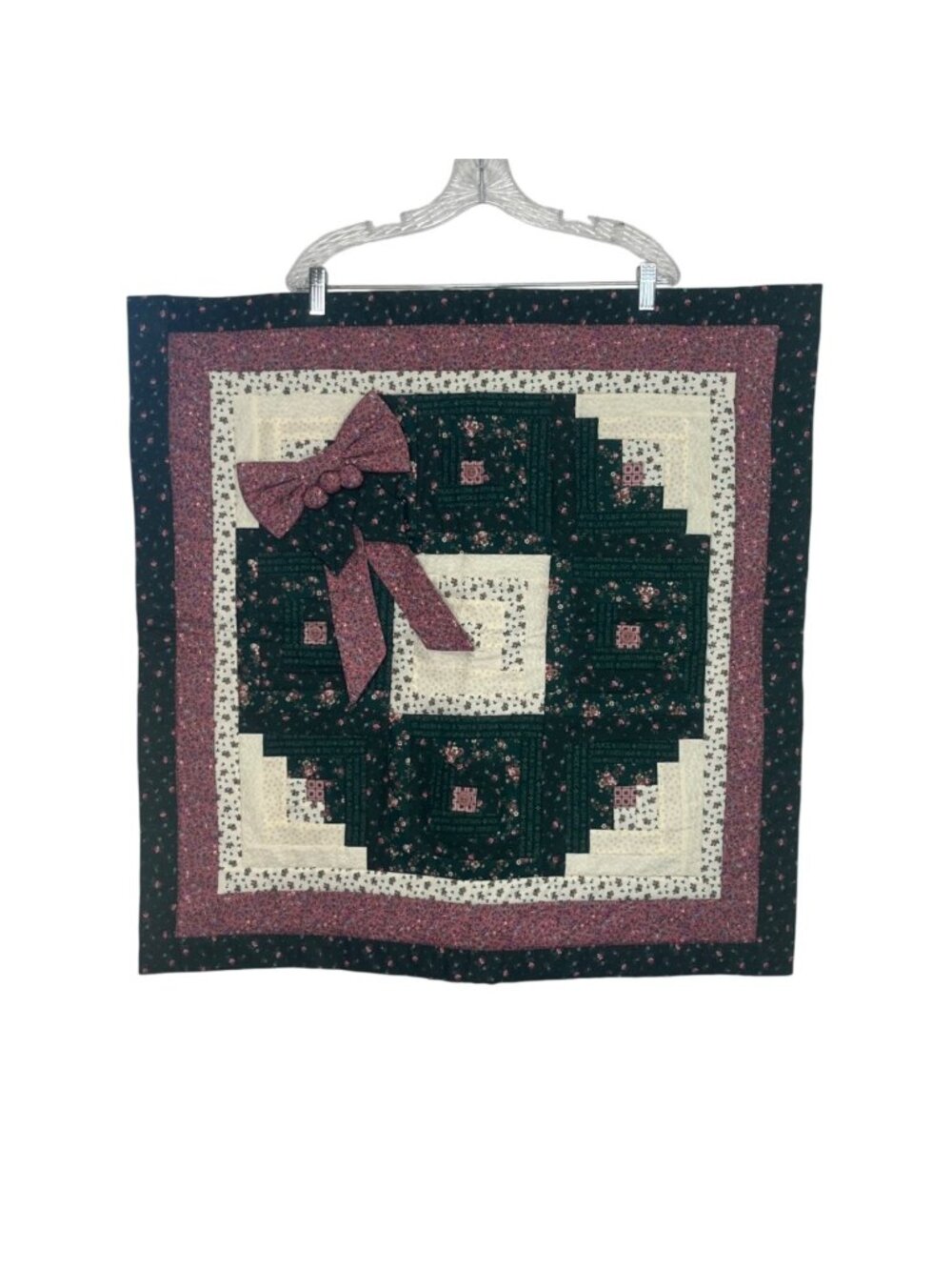 Handmade Quilted Wall Hanging Wreath Holiday Bow Green & Pink Floral Patchwork